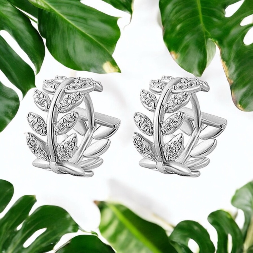 .925 Silver Rhinestone Gem Leaf Summer Beach Earrings